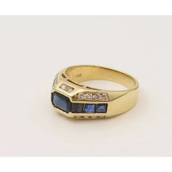 14K GOLD Vintage Lab Sapphire & Real Round Diamonds Dainty Ring Sz 6 GR652